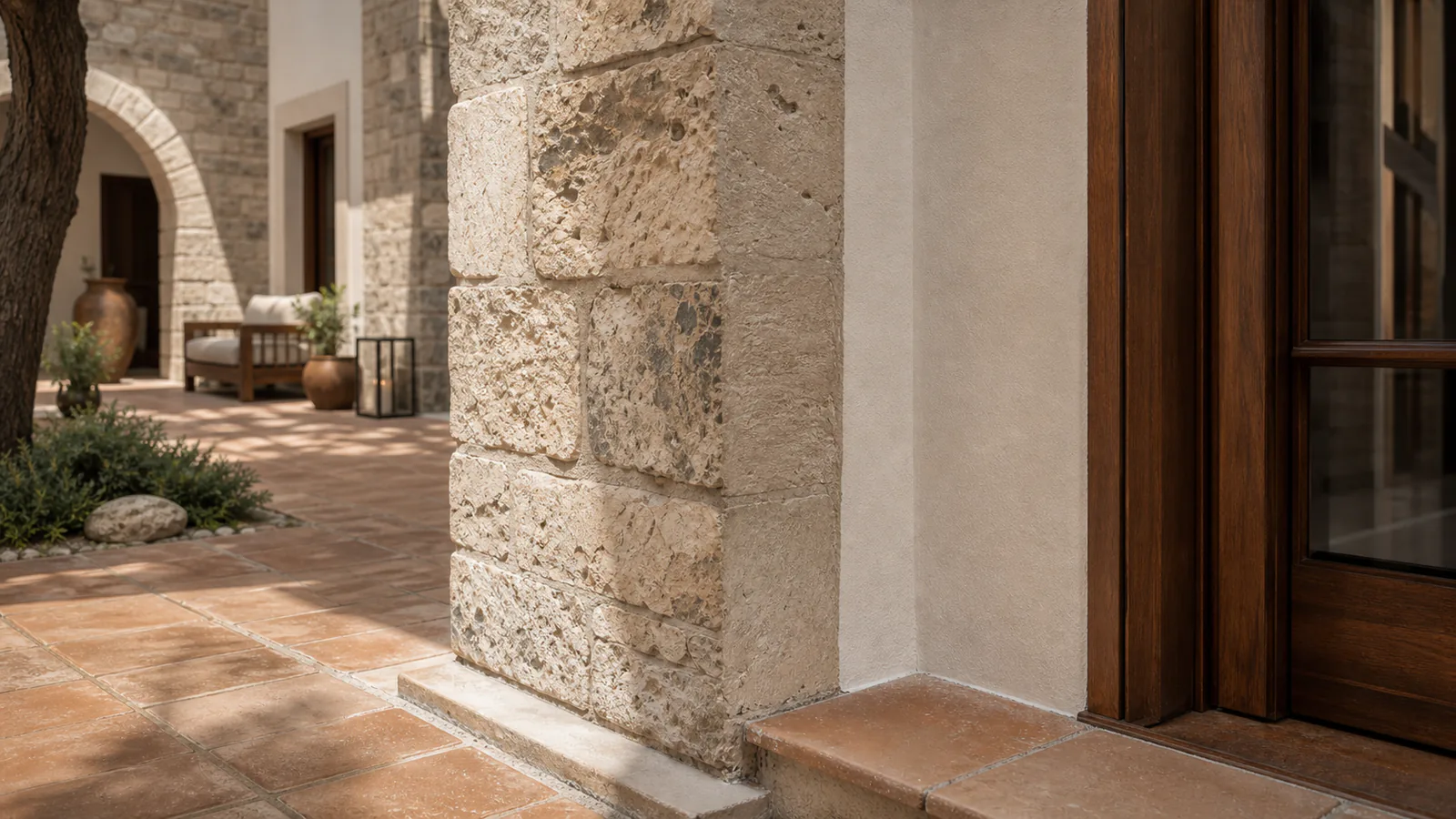 Restore butik otel avlusunda özgün taş duvarın kireç sıva, ceviz doğrama ve terracotta eşikle birleşimi