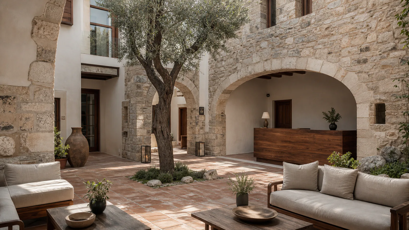 Restore edilmiş taş konağın kireç sıvalı, terracotta zeminli ve ceviz karşılama bankolu butik otel avlusu