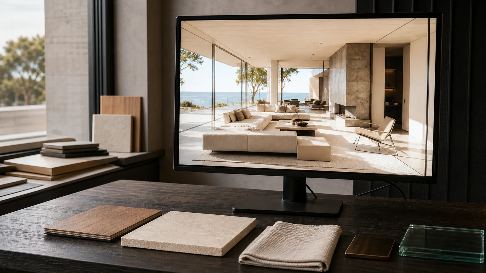 Séjour de villa avec vue mer en lumière naturelle du jour sur un écran de visualisation architecturale, avec devant des échantillons de bois, pierre, tissu et verre