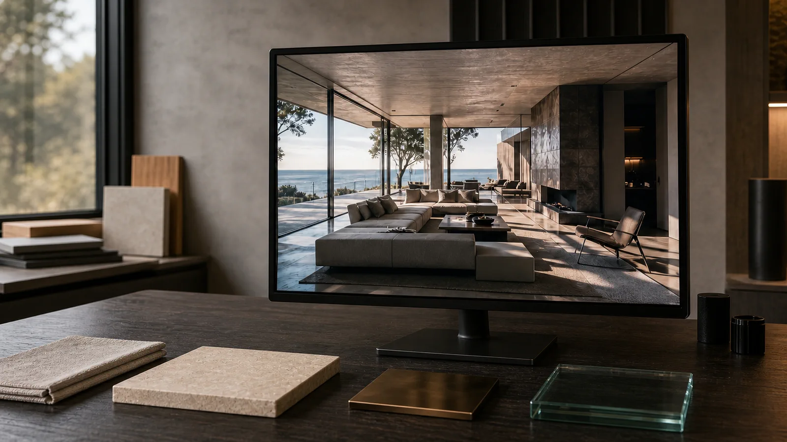 Moniteur de studio montrant la seconde variation lumineuse du même séjour de villa, avec ombres profondes contrôlées et reflets dans le vitrage