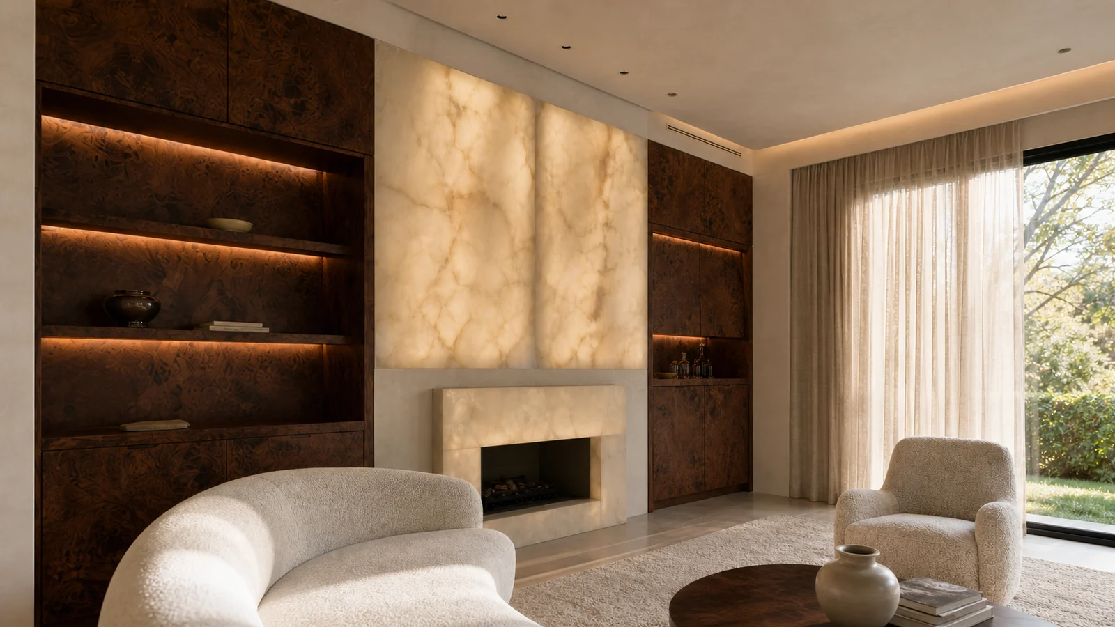 Lüks villa salonunda alabaster şömine, ceviz kökü raflar, gizli ışık ve gün ışığının katmanlı aydınlatma görünümü