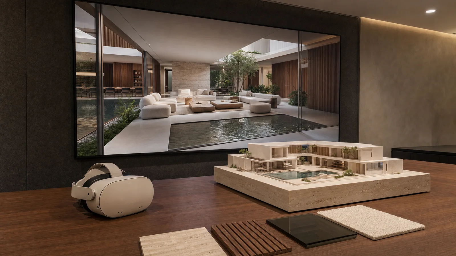 VR başlık, fiziksel villa maketi, gerçek malzeme numuneleri ve ekranda aynı avlulu yapının fotogerçekçi sahnesi bulunan mimari inceleme odası