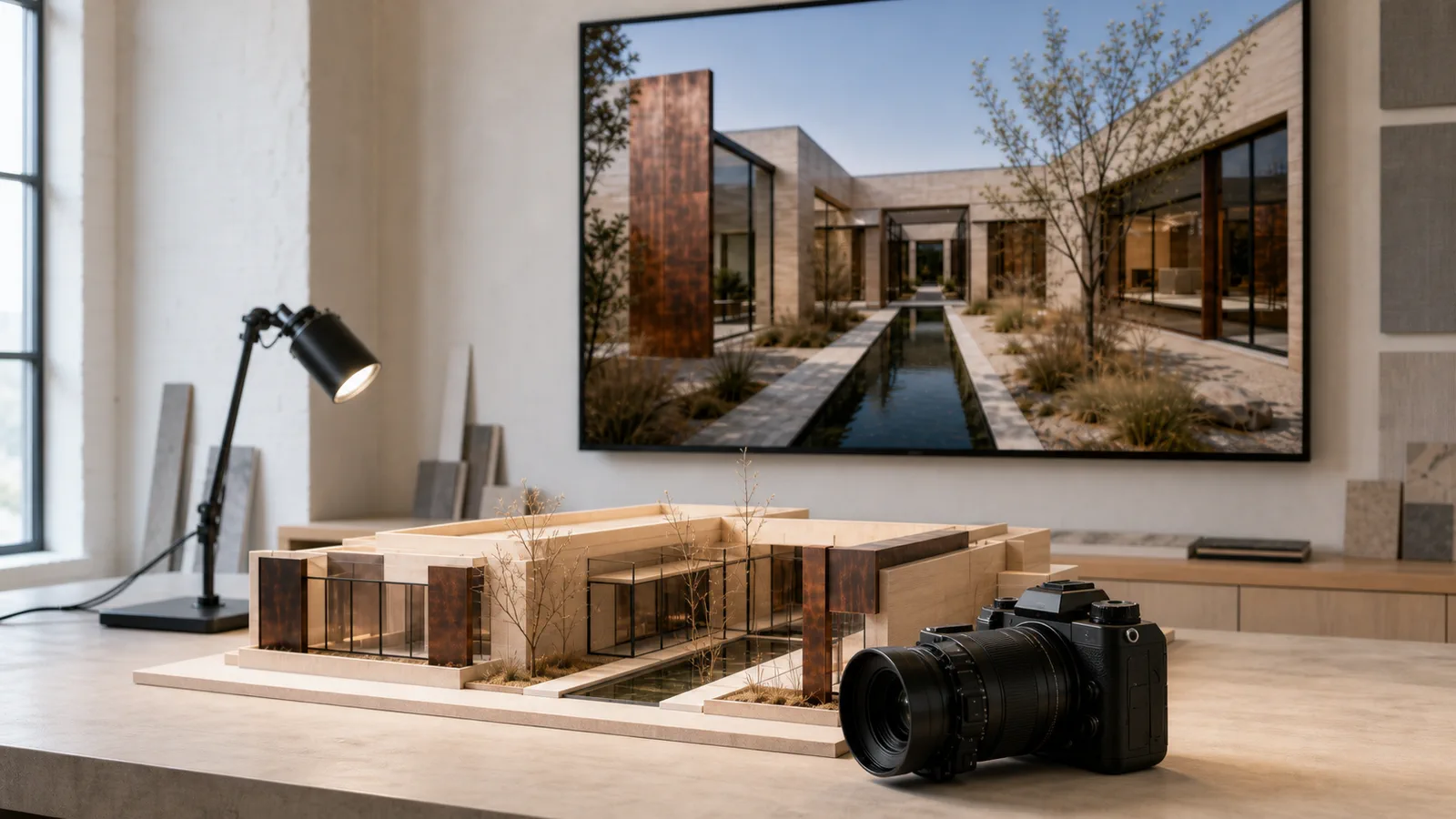 Fiziksel avlulu yapı maketinin yanında fotoğraf makinesi ve ekranda aynı eksenden hazırlanmış mimari perspektif