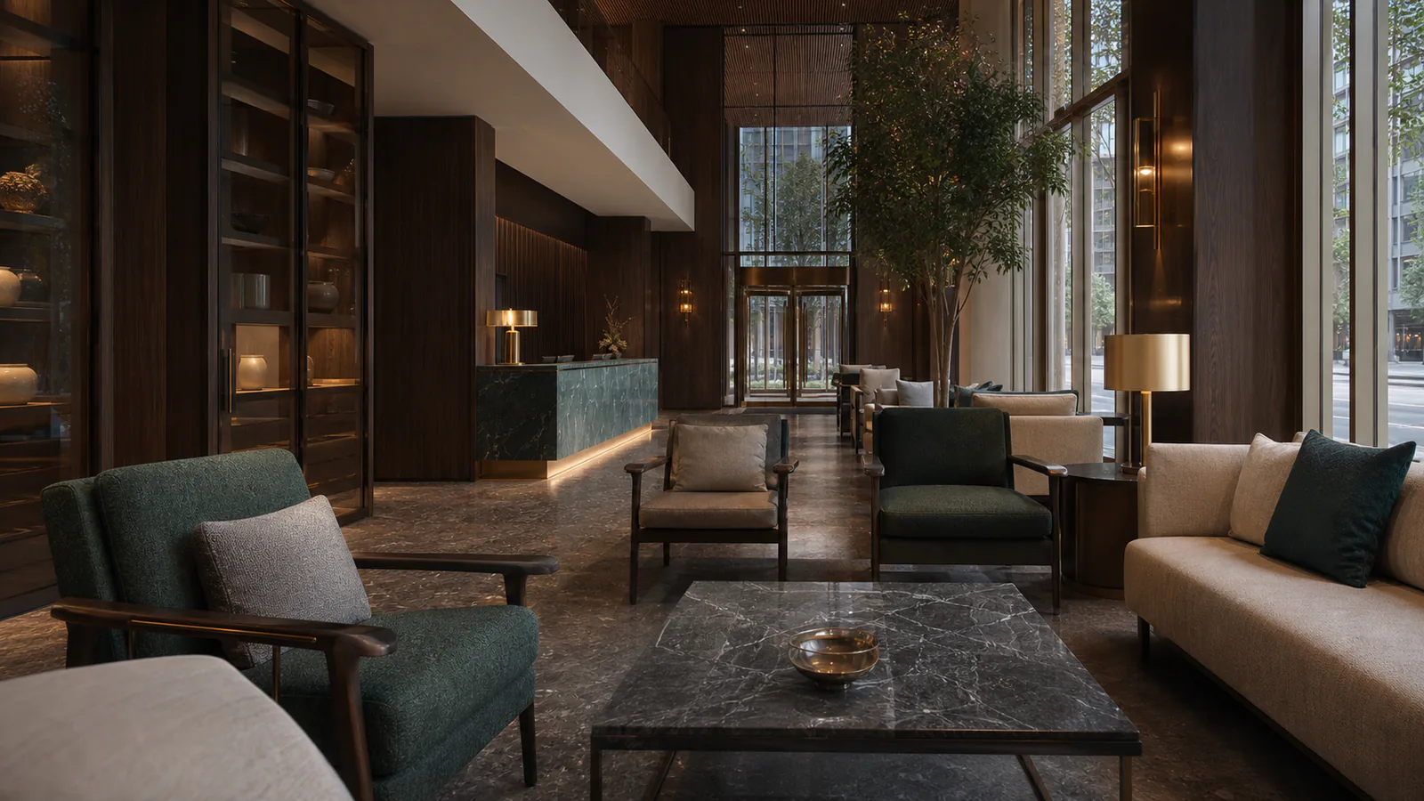 Koyu meşe, oksitli pirinç aydınlatma ve yeşil yün koltuklarla şehir oteli lounge alanı
