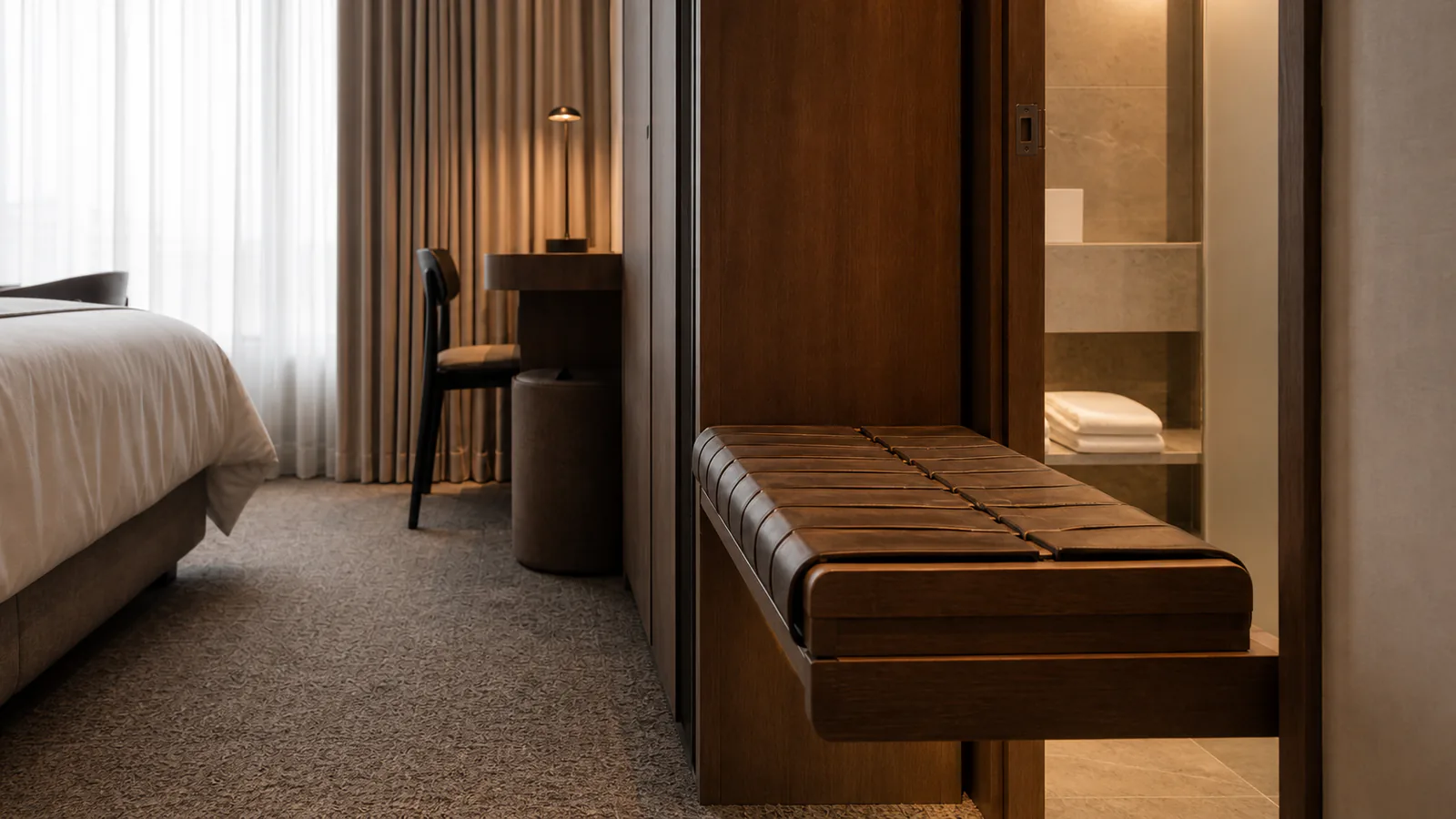 Füme meşe gardıroba entegre bagaj bankı ve banyo eşiği bulunan otel odası