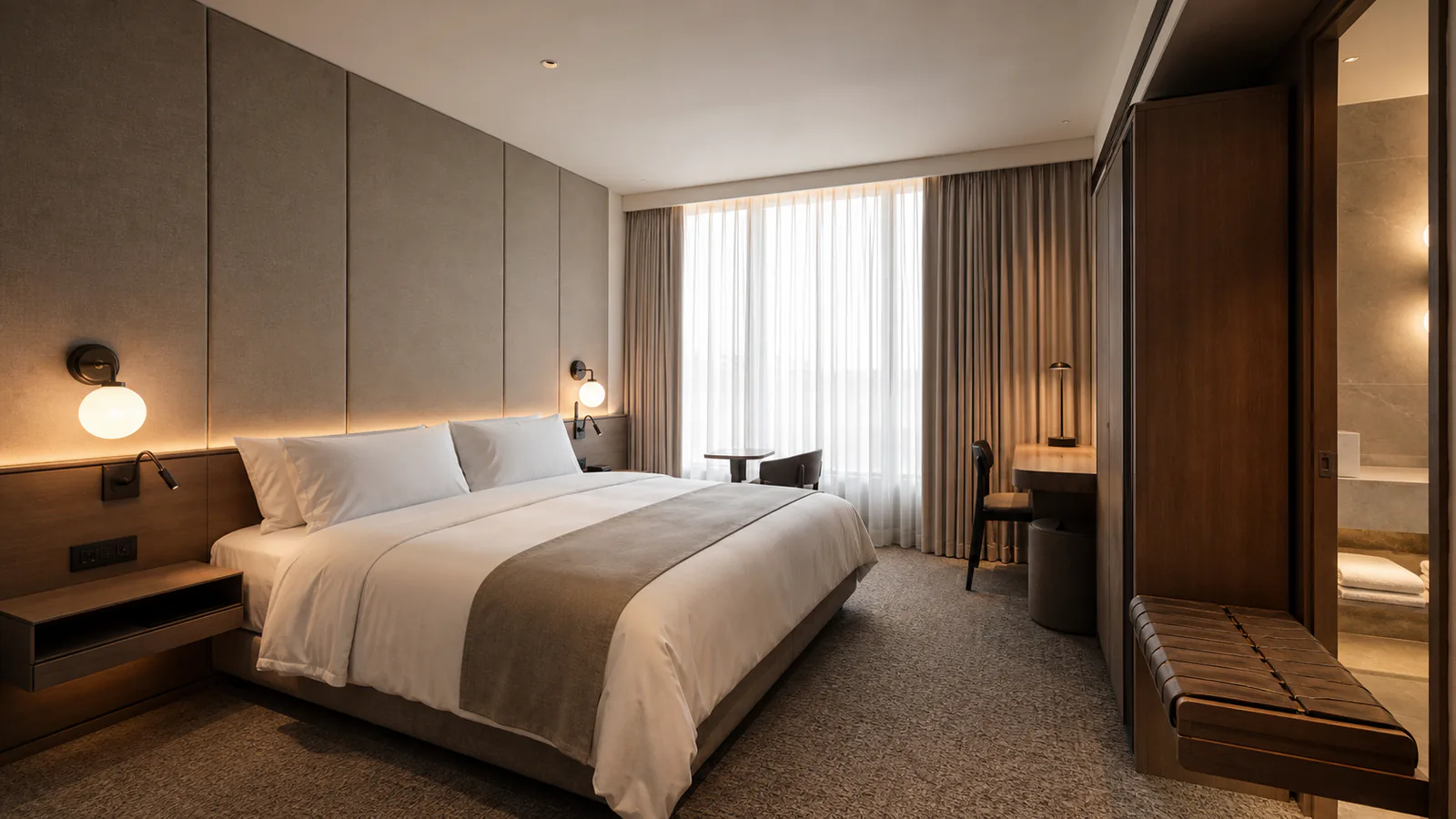 Yün keçe akustik duvar, keten tekstil, füme meşe mobilya ve opal cam aydınlatmalı otel odası