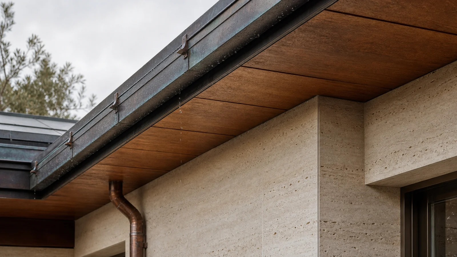 Traverten cephe panellerinin koyu ahşap soffit, yaşlanmış bakır oluk, damlalık ve yağmur damlalarıyla birleştiği saçak detayı