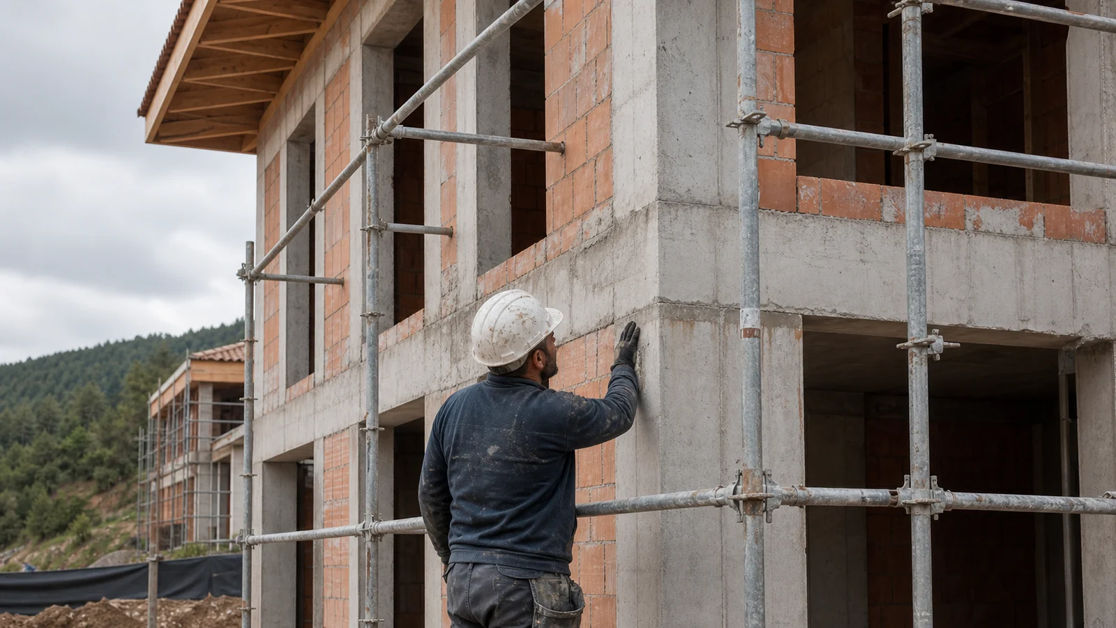 Villa kaba inşaatında betonarme kolon ve kirişlerin terracotta dolgu duvar ve galvaniz iskeleyle birleşimi