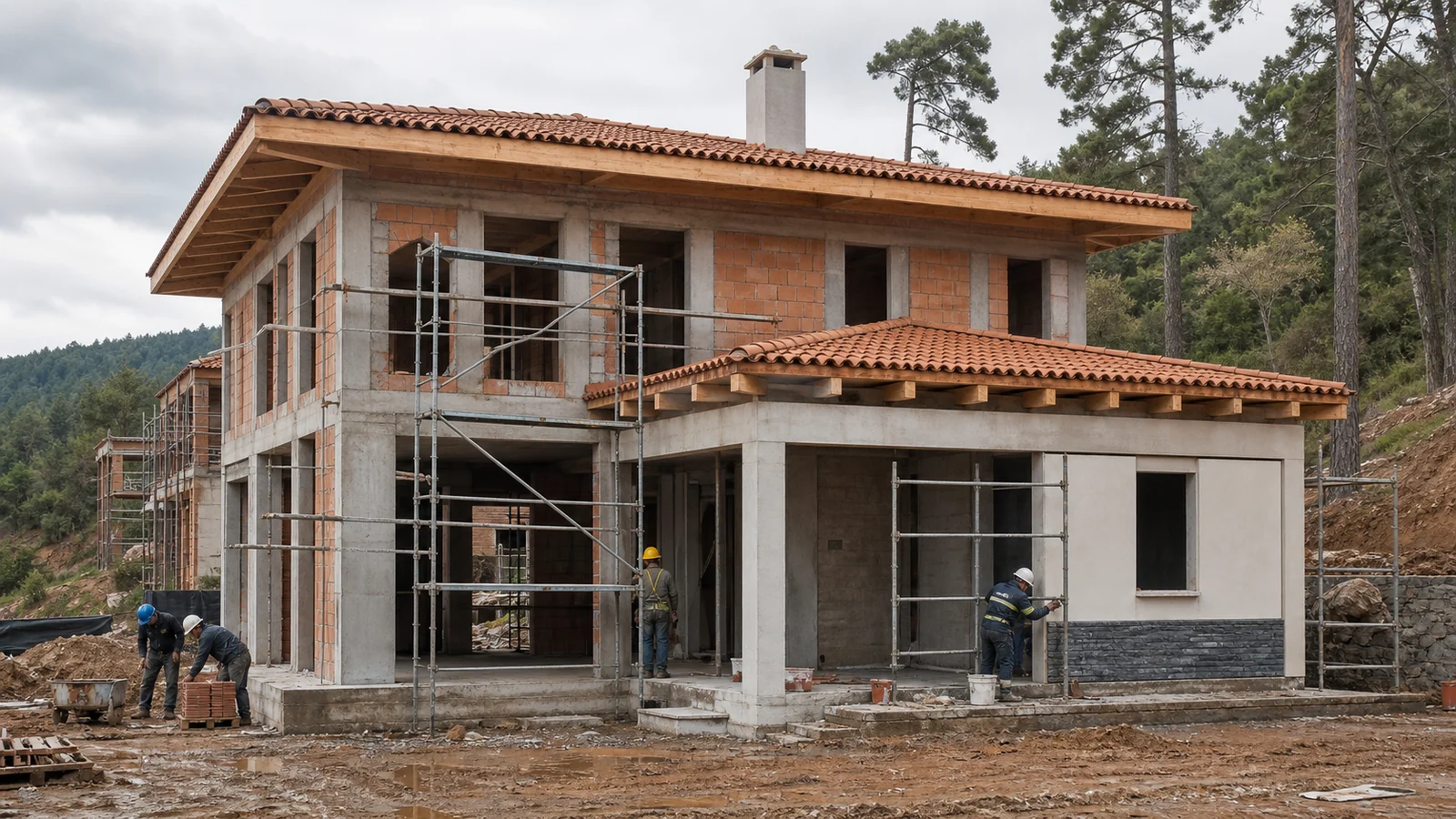 Marmara'da betonarme karkas, terracotta dolgu duvar, ahşap çatı ve cephe numunesi aynı sahada ilerleyen villa inşaatı
