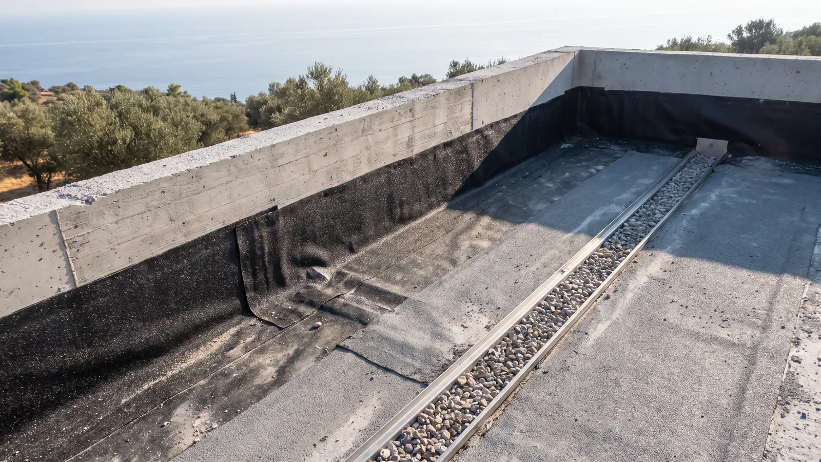 Teras döşemesi kenarında parapete kadar kıvrılmış siyah bitümlü su yalıtım örtüsü, üzerine dökülmüş koruma şapı ve çakıl dolgulu lineer süzgeç kanalı