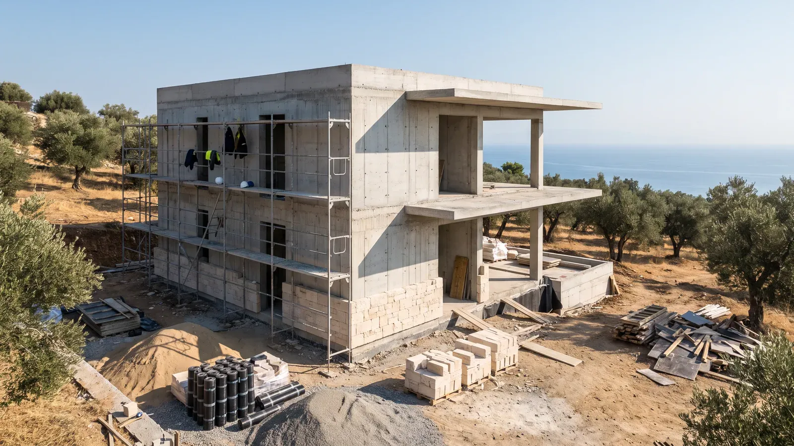 Ege yamacında kaba inşaatı tamamlanmış lüks villa şantiyesi: brüt beton karkas, iskele ve zemin katta başlayan açık renk kireçtaşı kaplama