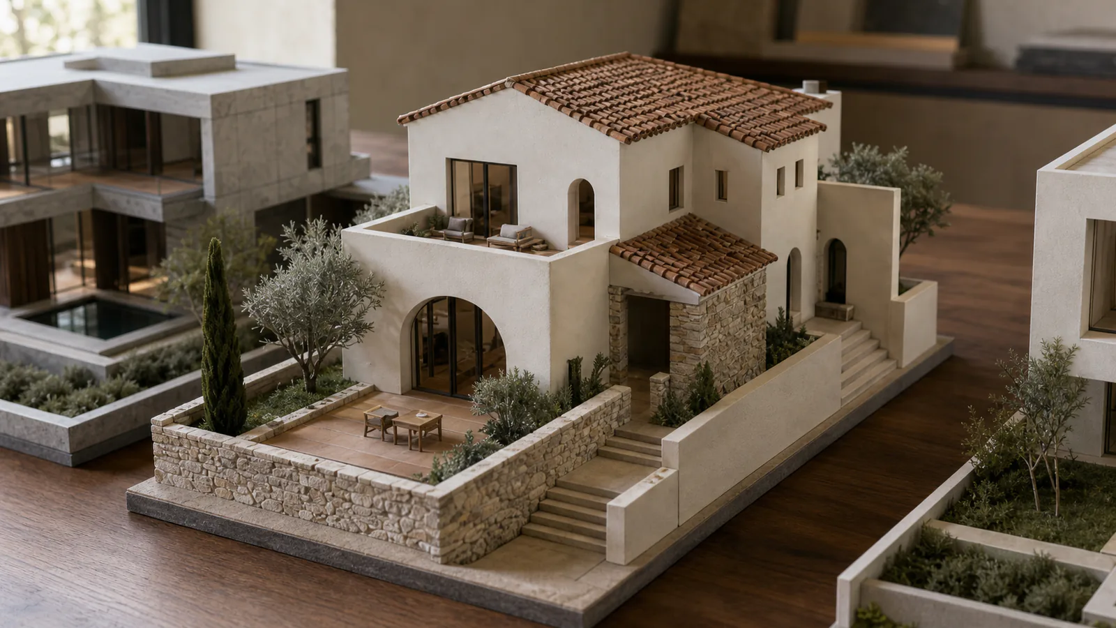 Kireç sıva, terracotta çatı, yerel taş avlu duvarı ve küçük zeytinlerle hazırlanmış Akdeniz villa maketi
