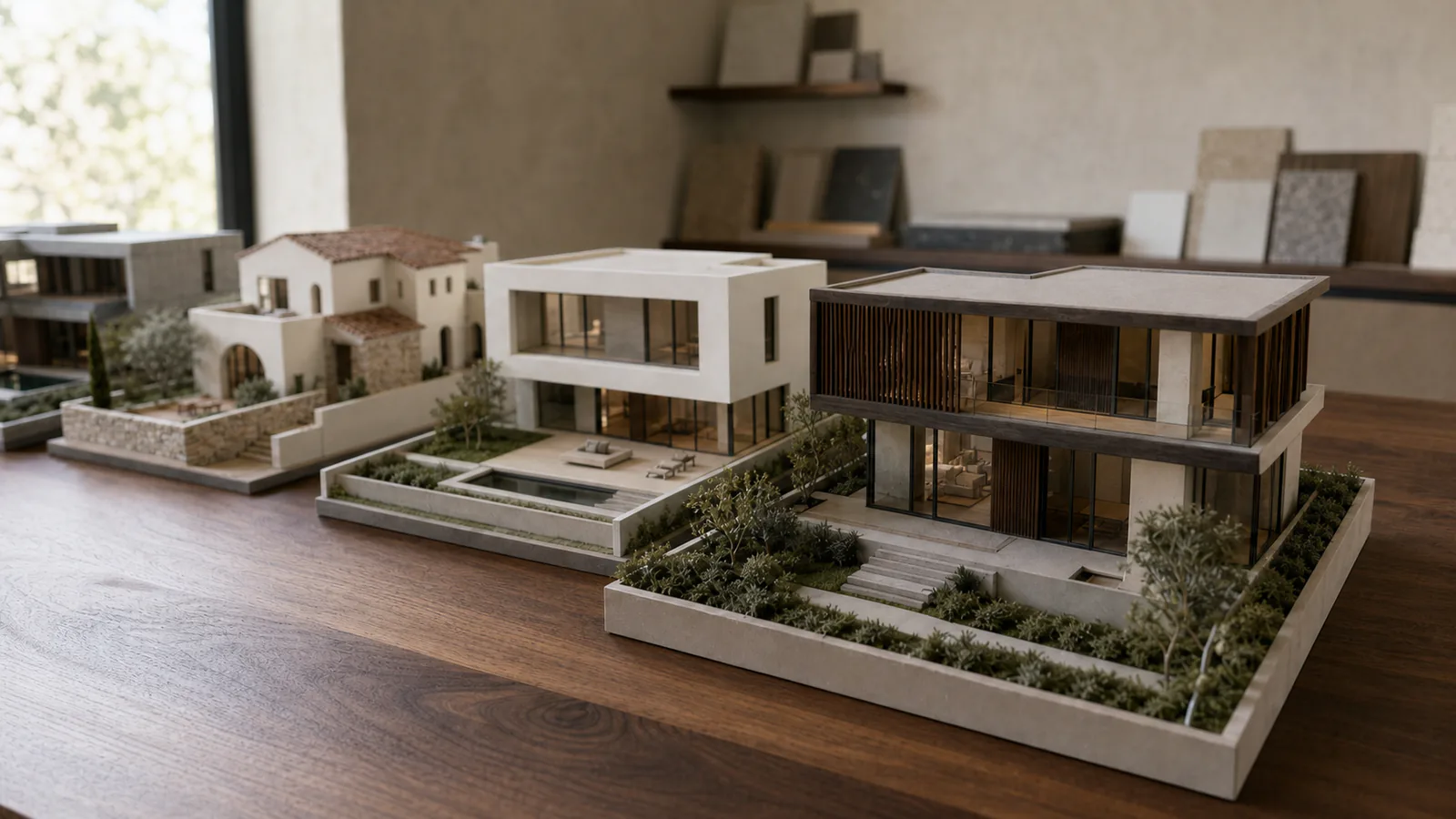 İki katı, koyu ahşap güneş kırıcıları, cam cepheleri ve peyzaj tabanı okunabilen minimalist dubleks villa maketi