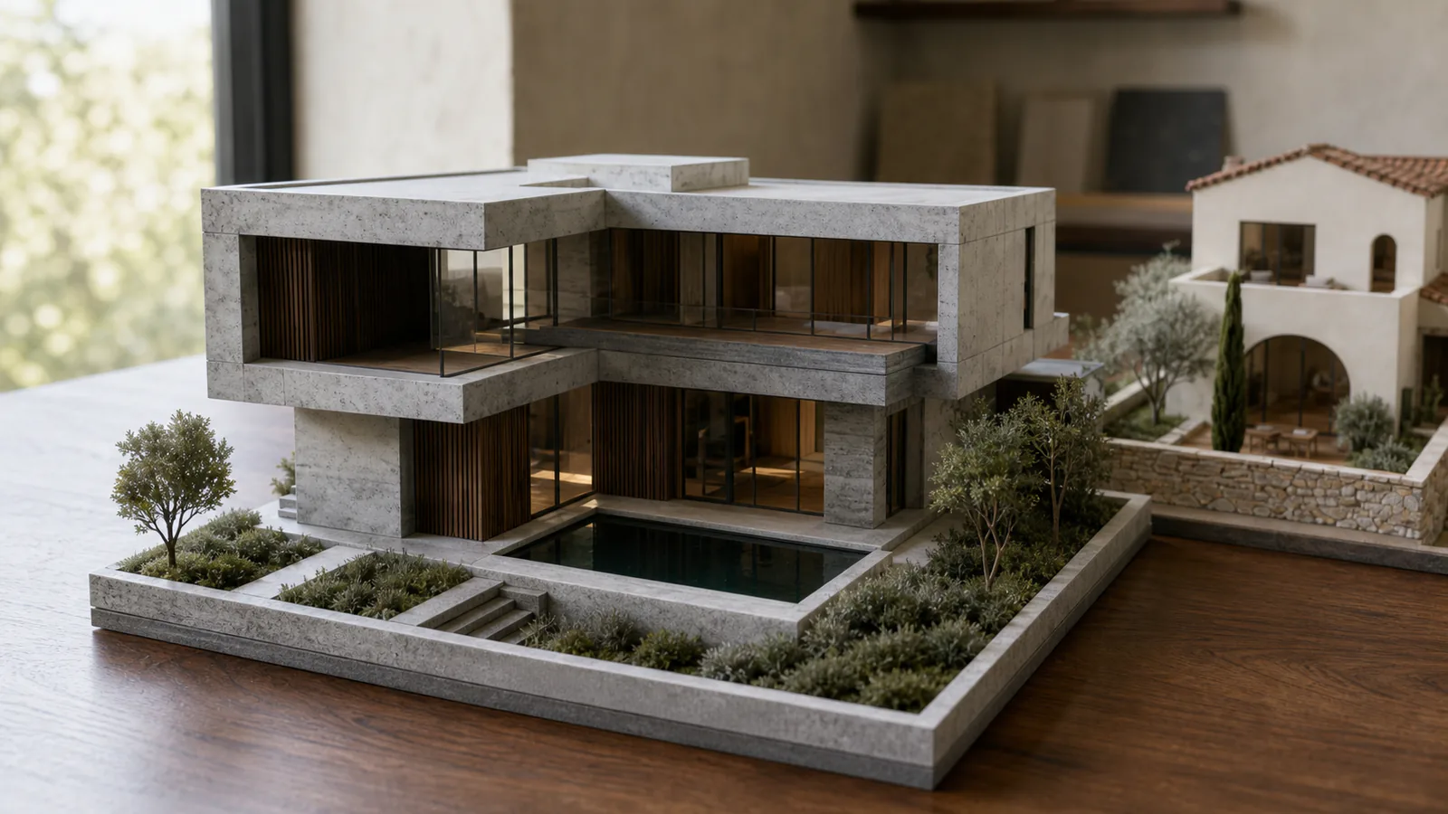 Ceviz stüdyo masasında brüt beton, şeffaf cam ve koyu ahşap güneş kırıcılarla hazırlanmış modern villa maketi