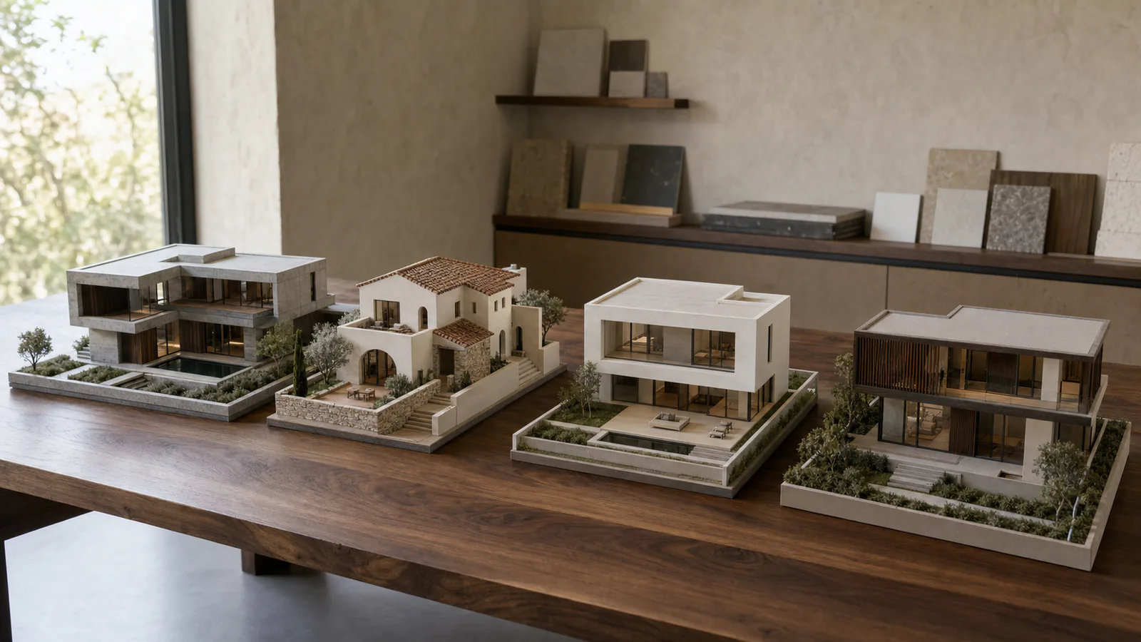 Mimarlık stüdyosunda ceviz masa üzerinde modern, Akdeniz, minimalist ve dubleks dört profesyonel villa maketi