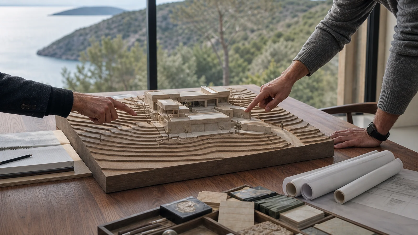 Kıyı arazisinin kotlarını, villa yerleşimini, araç girişini ve istinat kararlarını gösteren topografik mimari maket