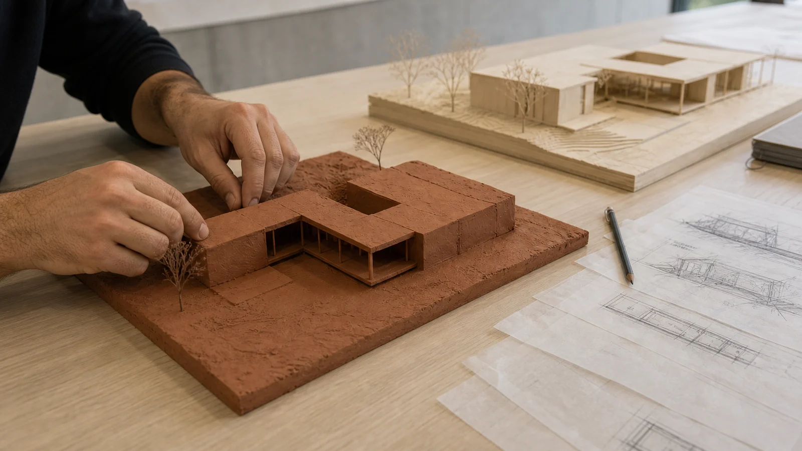 Hofmassenskizze, in den ersten Wochen des Villa-Konzeptentwurfs aus rotem Modellierton entwickelt
