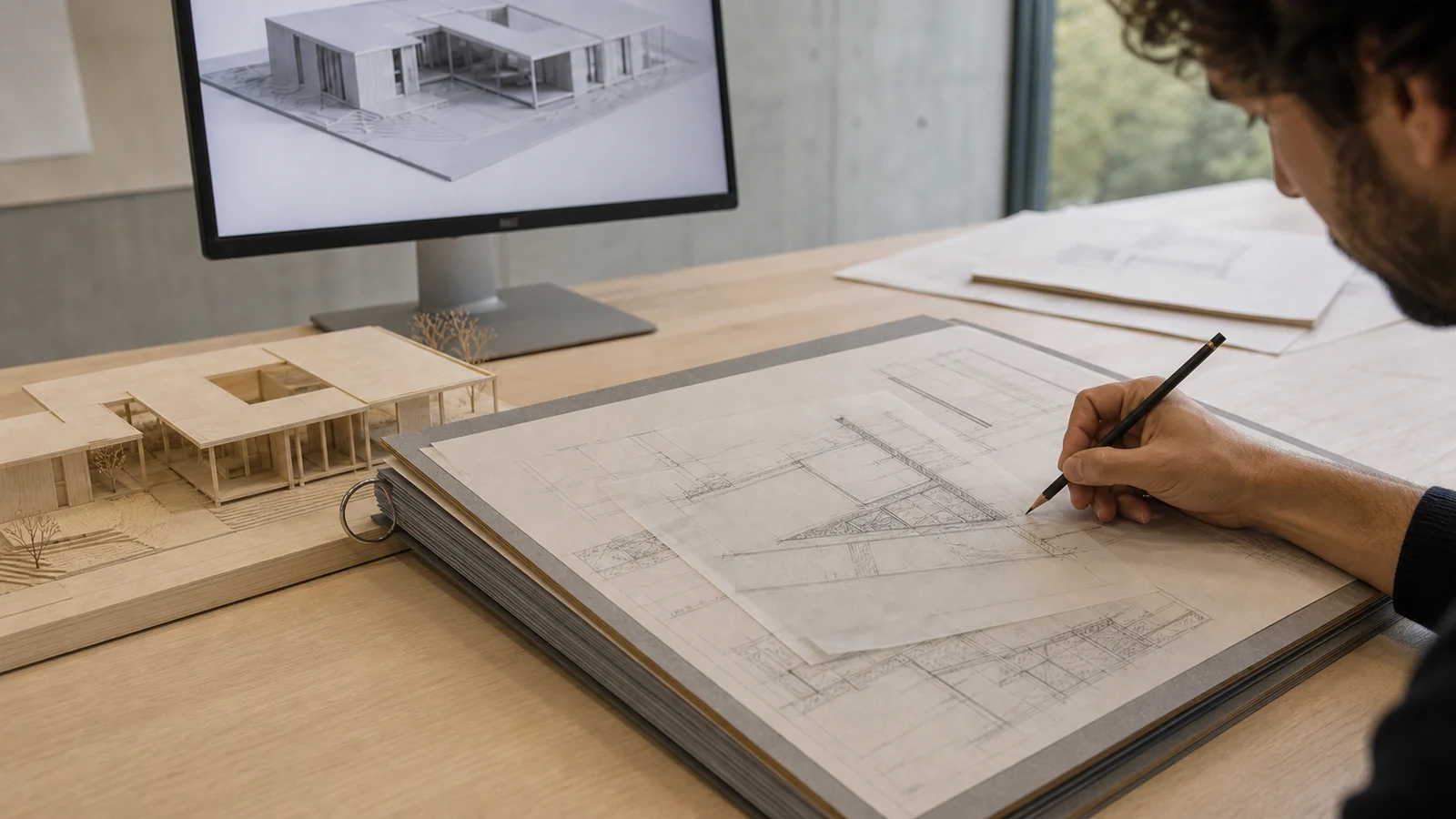 Dokumentationsphase, in der Holzmodell der Villa, textfreies 3D-Modell und technischer Zeichnungssatz gemeinsam geprüft werden