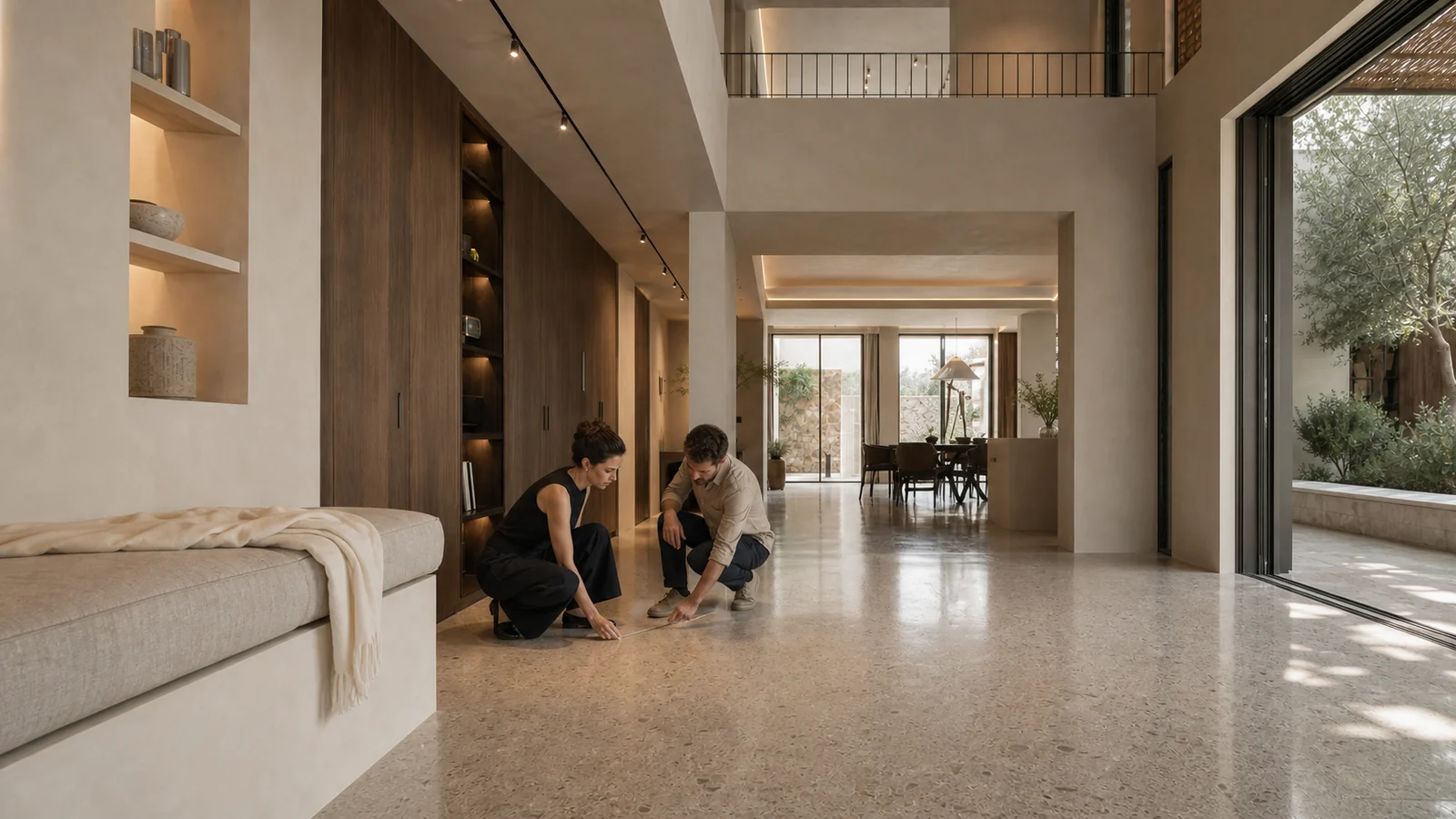 Villa yaşam aksında gömme kestane dolap ve bütünleşik pencere sediri önündeki açık geçiş mesafesini ölçen iç mimar ve mimar