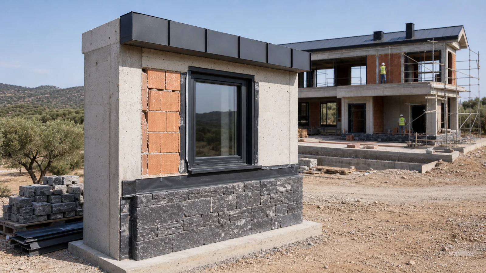 Villa şantiyesinde bazalt taş kaide, mineral sıva, siyah alüminyum doğrama ve çinko üst bitişten oluşan cephe numunesi