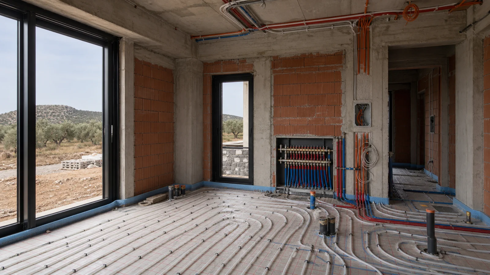 Villa kaba yapısında yerden ısıtma boruları, kollektör, elektrik ve sıhhi tesisat hatlarının koordinasyon detayı