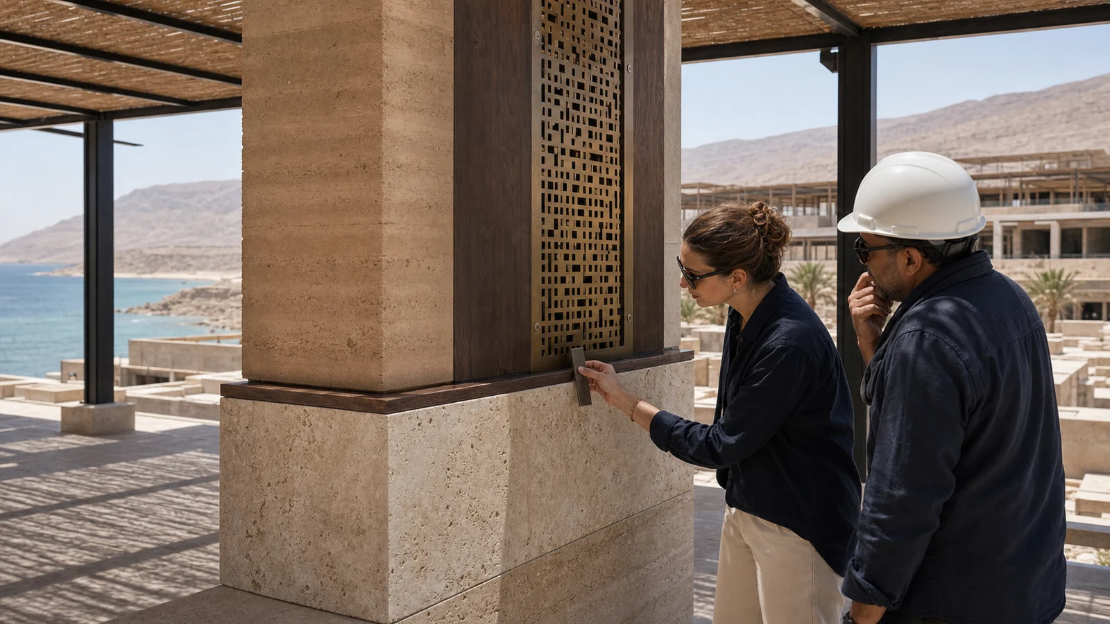 Rammed earth sıva, yerel kireç taşı, ısıl işlemli ahşap ve delikli bronz güneş kırıcıdan oluşan resort cephe numunesi