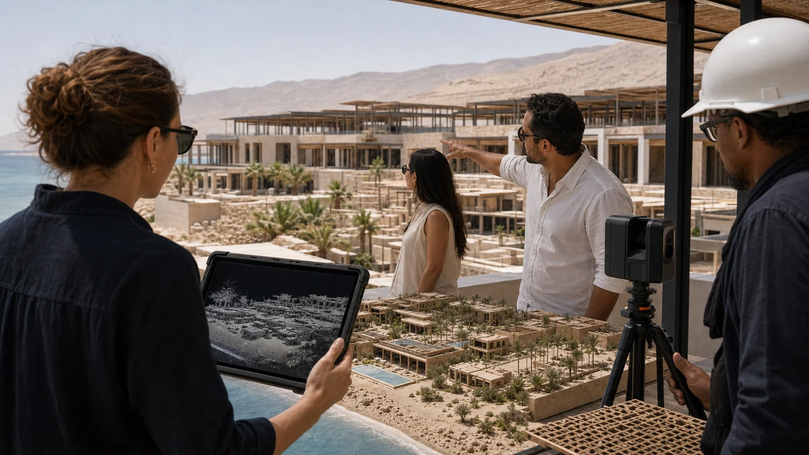 Resort maketi, gerçek şantiye, metinsiz nokta bulutu tableti ve lazer tarayıcıyla yapılan uluslararası saha koordinasyonu