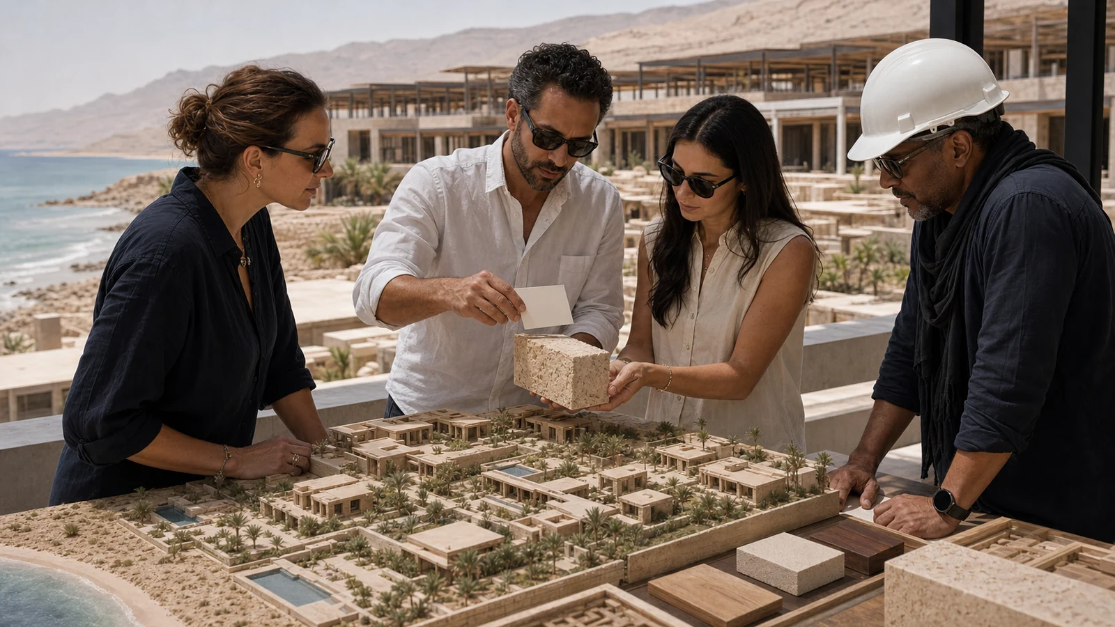 Kurak kıyı resort projesinde yerel kireç taşı numunesini fiziksel otel maketiyle karşılaştıran uluslararası ekip