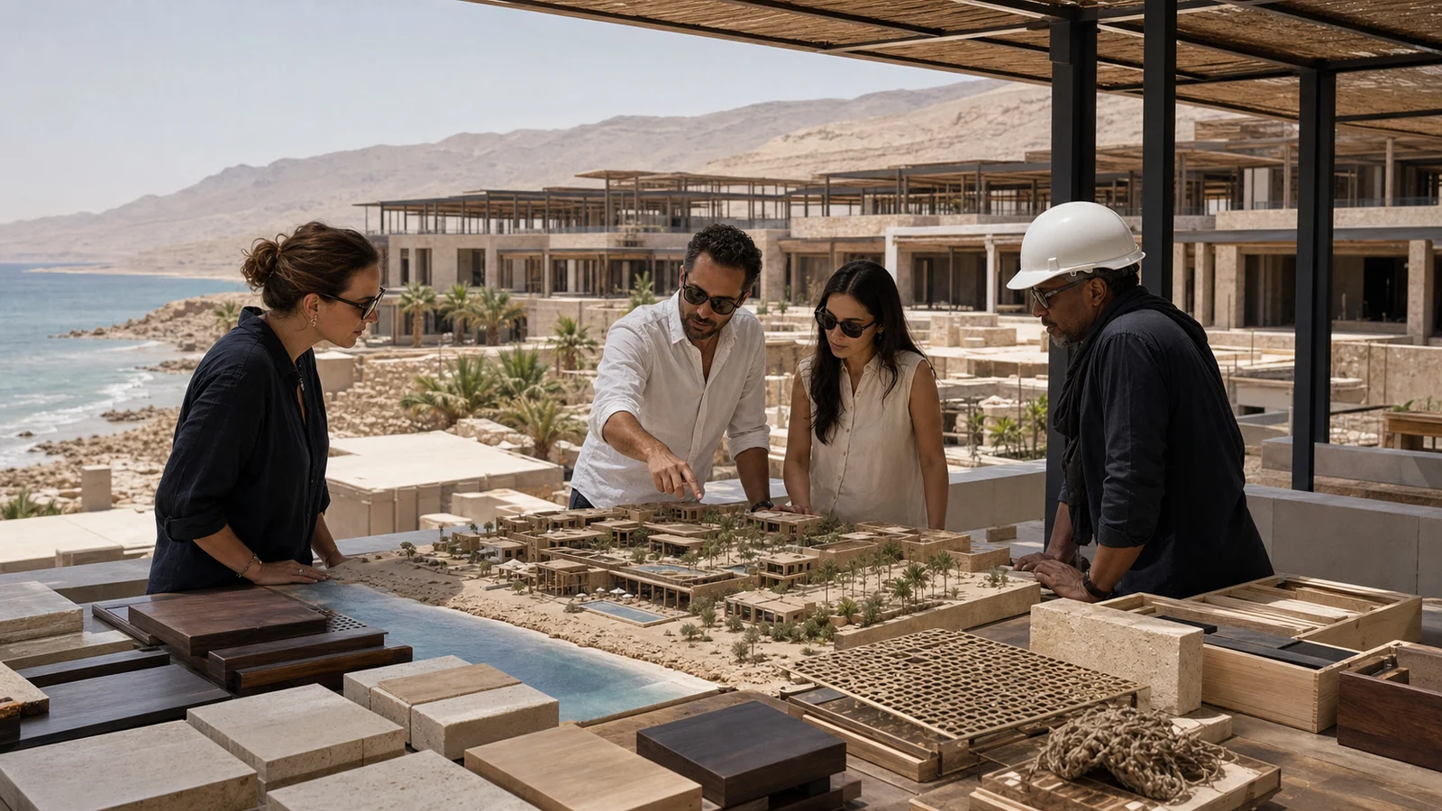 Kurak kıyıdaki resort şantiyesine bakan terasta fiziksel otel maketi ve yerel malzeme numunelerini inceleyen uluslararası proje ekibi